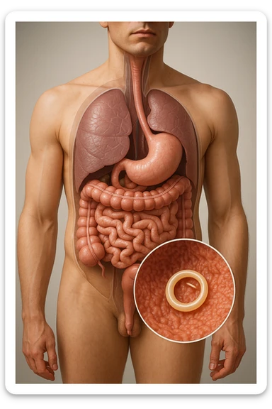 a 3D cutaway view of the human digestive tract, showing an Anisakis larva attached to the intestinal wall. in a man sticker