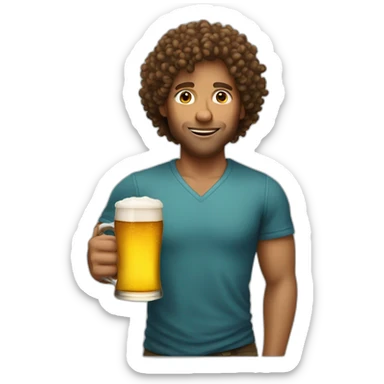 man lightly tanned skin curly hair drinking a large beer cup sticker