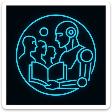 Create a simplified, Tron-blue, high-tech logo inspired by the reference image showing abstract human and robot figures arranged in a circle around a stylized open book at the center. Use glowing neon blue lines and geometric shapes, no text, suitable for a logo design with a futuristic and tech vibe. sticker