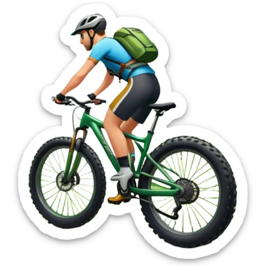 An icon showing a mountain bike with thick tires on a forest trail, surrounded by trees and natural terrain. The background features a lush green forest with sunlight filtering through the branches, and a winding path ahead. Transparent background highlights the  adventure of mountain biking. sticker