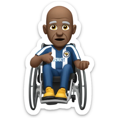 old black bald man with a round belly in wheelchair. angry face. grey stubble. he is pointing finger in front. wearing Arsenal soccer shirt. and a Steelers football hat sticker