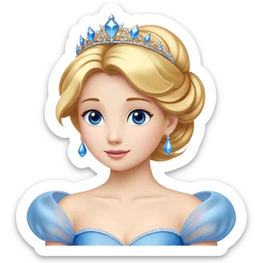 Cinematic Stunning Cinderella Portrait Emoji, Radiant in her sparkling blue ball gown, golden hair in a perfect updo, soft blue eyes full of wonder, glistening tiara, glowing with an ethereal beauty, regal yet kind, a dreamlike aura surrounds her, capturing the essence of a fairy tale princess, elegant and breathtaking! sticker