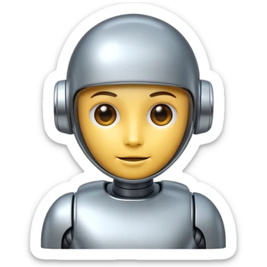 A cute futuristic robot emoji made of silver chrome, rounded friendly body, minimal facial features, glossy metallic surface, soft reflections, iOS emoji style, centered, clean white background sticker