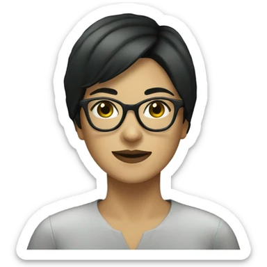 woman with grey glasses and short black hair sitting with seaweed sticker