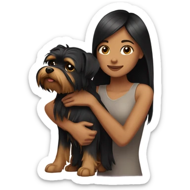 Tan girl with black straight hair hugging a Yorkie  sticker