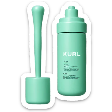 Turquoise pastel Green cosmetic bottle with a press down pump all one colour and matte - on the front it says Kurl Kitchen in pine green  sticker