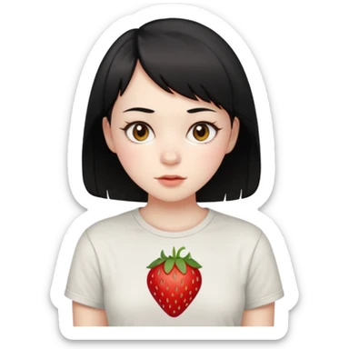17 girl with black short hair and brown eyes with pale skin and wearing a t-shirt containing a red strwoberry sticker