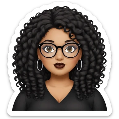 glasses, big plus size, darker tan skin, long black curly hair, baddie,pretty, makeup, lipliner, black eyeliner, long hair sticker