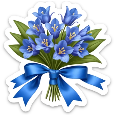 A lush bouquet of bright blue color bluebell black satin ribbon, , with a pale yellow and pink plaid pattern table cloth sticker