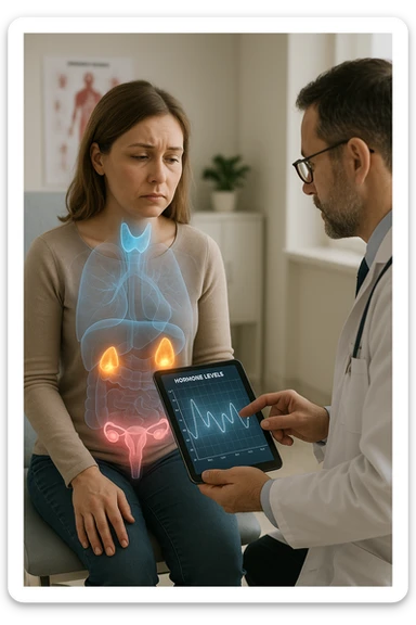 Realistic, vertical medical scene: a woman sits in a doctor’s office, looking fatigued and concerned. A semi-transparent overlay shows her internal organs, with the thyroid, ovaries, and adrenal glands glowing or pulsing in different colors to indicate hormonal imbalance. The doctor points to a digital tablet displaying fluctuating hormone levels. The mood is informative and empathetic. sticker