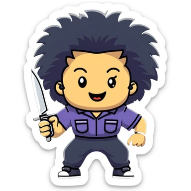 wild savage person in 1988 retro outfit with big hair, holding knife, evil laughing expression sticker