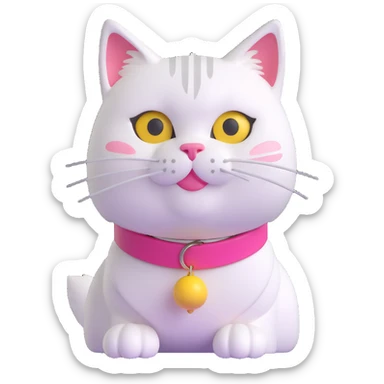 white furred cat with pink collar and yellow bell sticker