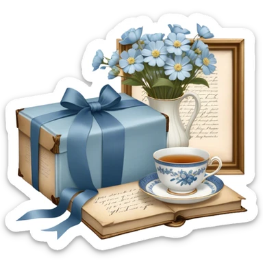 A timeless arrangement of a dusty blue silk ribbon loosely wrapped around a bundle of aged letters, with pressed white flowers and a porcelain tea set in the background.
 sticker