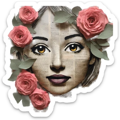 Person face portrait made entirely of newspaper cuttings and roses sticker
