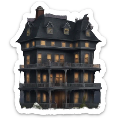 Dark dilapidated 8 story Haunted Addams manor hotel with attached garage  sticker