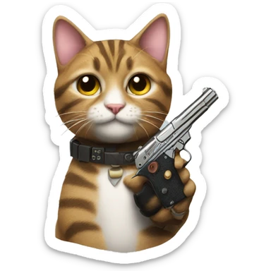Tabby cat holding a pistol sticker
