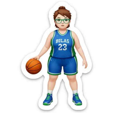 Full Body white plus size Girl with basketball spikey short brown HAIR wearing blue glasses with green eyes wearing blue and green basketball uniform PLAIN sticker