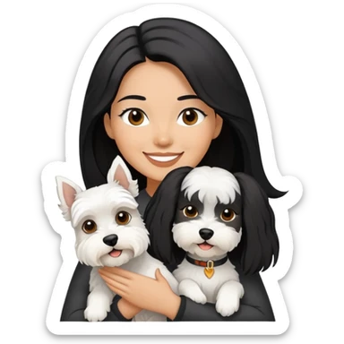 A smilling woman with long black hair holding a white Schnauzer sticker