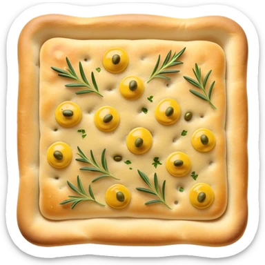 Focaccia Cinematic Realistic Focaccia Bread Dish Emoji, depicted as a golden, olive-oil brushed flatbread sprinkled with herbs, rendered with lifelike textures and warm, inviting lighting. sticker