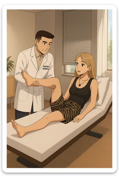 fai un webtoon/manga a colori con questo kinesiologo in camice bianco (fagli la scritta "ANTONIO ANANIA" SUL CAMICE) CHE SVOLGE UN TEST NEUROMUSCOLARE SOLLEVANDO UNA GAMBA ALLA RAGAZZA CHE è STESA SU UN LETTINO BIANCO. STANZA SEMPLICE E MODERNA, DURANTE IL TEST I DUE DIALOGANO TRA LORO. NON FARE I FUMETTI, FAI SOLO LORO COME SE DIALOGASSERO sticker