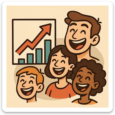icon with upward graph and smiling faces, growth in price, joy, happiness, and success, flat style sticker