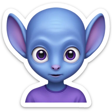 Portrait of an cute alien with smooth purple-blue skin, small antennae, large black oval eyes, small nose, and visible ears, elongated head, front-facing, wearing blue t-shirt, soft glow, simple futuristic design sticker