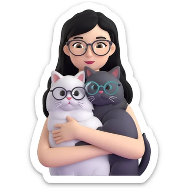 Skinny woman with oval glasses, long straight black hair, wearing white sleeveless top, hugging a grey Persian-Angora cat, plain background sticker