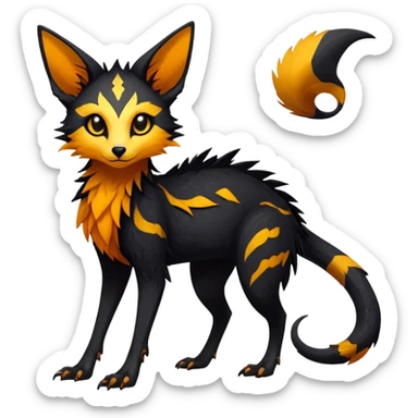 Rare realistic exotic edgy dark gothic gloomy spooky black and orange/yellow epic pretty beautiful handsome gorgeous aesthetic colorful vibrant Vernid-Trico-species-Fakemon-creature by LiLaiRa, 4 legs, 1 tail, random markings, (full body) sticker