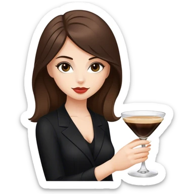 brunette hair down girl black clothes holding one espresso martini sticker