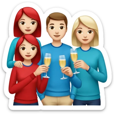 A large crowd of adults in casual clothing with red, aqua and blue shirts with drinks chatting at an afterwork meeting sticker