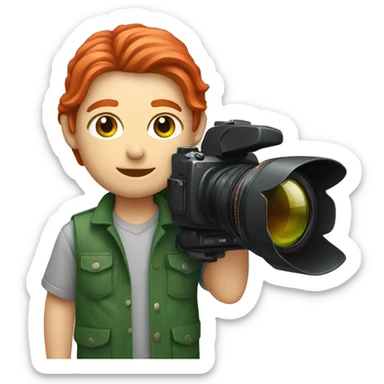 A photographer with red long hair and green eyes and a Sony camera sticker