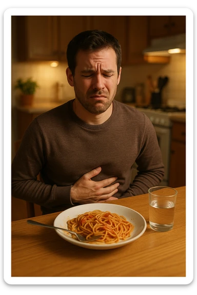 a man sits at a dining table, looking uncomfortable and holding his stomach after eating a plate of pasta. His expression shows mild pain or bloating. On the table, there’s a half-eaten plate of spaghetti, and a glass of water. The background is a cozy kitchen, but the focus is on the man’s discomfort.

 sticker