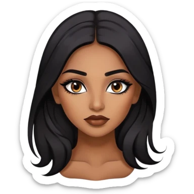 indian girl, brown skin, long black hair, brown underneath colored hair, baddie,pretty, makeup, lipliner, black eyeliner, sticker
