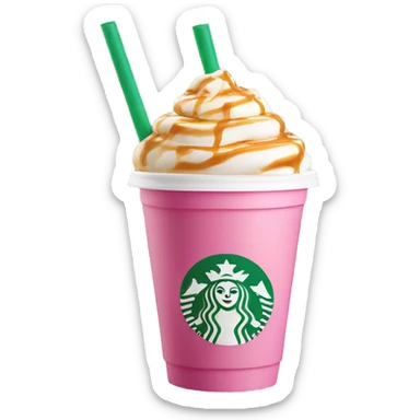 Starbucks Cute vanilla coffee with caramel drizzle in a pink plastic cup with a straw rounded top  sticker