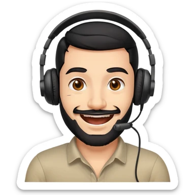 Very happy excited grinning man with black hair, brown eyes, black beard wearing a gaming headset sticker