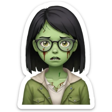 garota zumbi verde com o cabelo preto liso abaixo do ombro, que use óculos sticker
