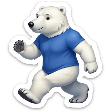 friendly anthropomorphised polar bear walking with a confident stride, wearing a royal blue t-shirt, stronger-looking sticker
