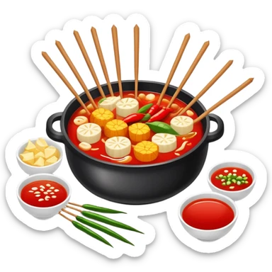 Spicy Hot Pot Skewers Malatang with various ingredients in red broth, simplified emoji style with bold outlines and bright colors, cartoon style Chinese street food bowl sticker