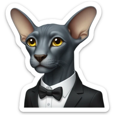 dark grey sphinx with bright blue eyes wearing black suit, calling on banana as phone, portrait sticker