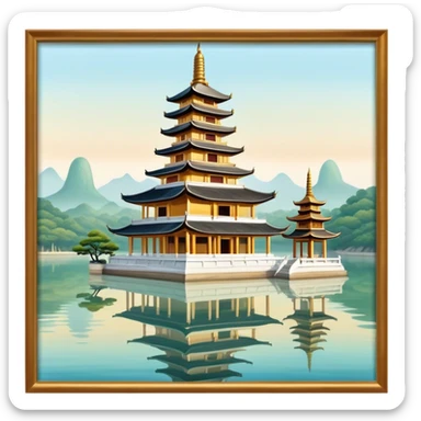 Cinematic Realistic Tran Quoc Pagoda Landmark Emoji, depicted with an ancient pagoda set on tranquil waters rendered with delicate textures and serene, reflective lighting. sticker