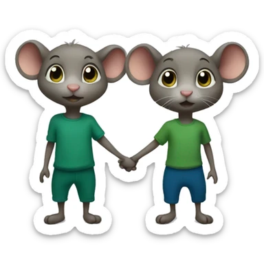 Two mice hold hands. one (boy) wears a dark blue T-shirt, the other (girl) wears a green leotard. sticker