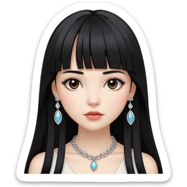 pale pretty girl with long black hair with straight bangs slightly above the brows and a hime cut after her chin, dark brown eyes, blushed lips and cheeks, long lashes, a silver necklace and  bracelets, with a classic timeless luxury style sticker