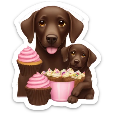 Chocolate Labrador mum and pup with cup cakes  sticker