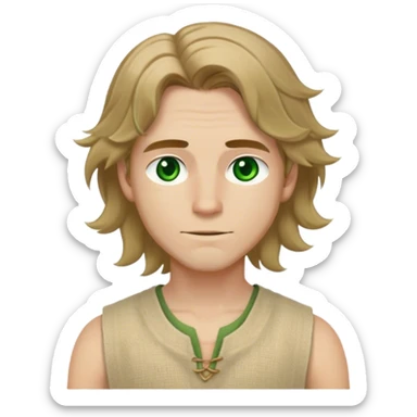 medieval summer outfit worn by a DnD themed fantasy male character. simple sleeveless hemp tunic with a deep round neckline and stitched reinforcements. clothes only above the waist. The clothes full waist. The character's haven't arms. character is white-skinned, light brown hair, green eyes, shoulder-length wavy hair. sticker