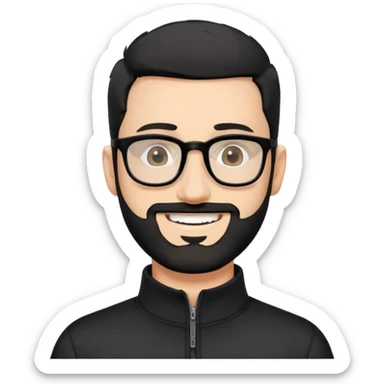 Fair-skinned man with very short buzzed black hair, short distinctly salt and pepper beard, large black-framed glasses, smiling, wearing black long sleeve quarter-zip shirt with visible zipper at collar sticker