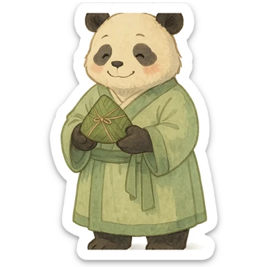 a panda wearing light green Hanfu, holding zongzi with both hands, standing and smiling, full body standing posture, Chinese style, soft color tones sticker