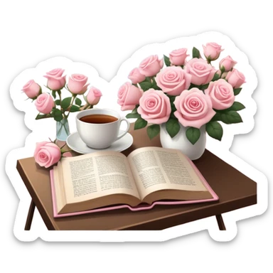 A cozy reading nook with an open book, a steaming cup of tea, and a bouquet of pale pink roses. sticker