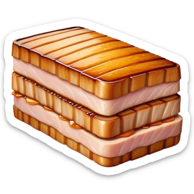 Cinematic tender pork belly, slow-roasted to perfection, crispy caramelized edges, glistening with juices, sliced into thick, rich layers, warm golden tones, luxurious and indulgent. sticker