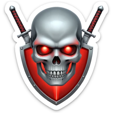 Sci-fi shield badge, terminator style skull, glowing red eyes, crossed futuristic sword energy, starwars light sable, no background sticker