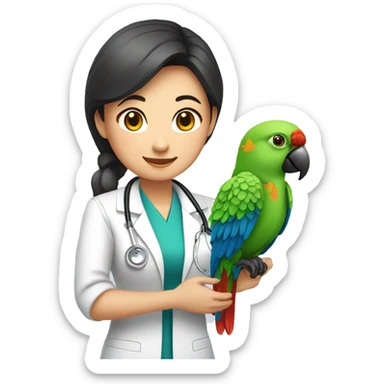 asain female veterinarian with parrot sticker